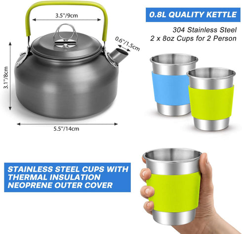 Odoland 15pcs Non-Stick Camping Cookware Mess Kit, Lightweight Pot Pan Kettle Set with Stainless Steel Cups Plates
