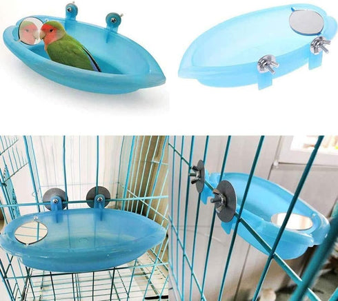 2 PCS Bird Bathtub with Mirror Toy, Durable Plastic Shower Tub Cleaning Tool for Small Parakeet Cockatiel.