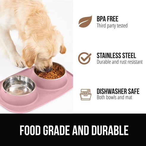 Gorilla Grip 100% Waterproof Cat and Dog Bowls - Silicone Feeding Mat Set with Stainless Steel Bowl, Slip Resistant,