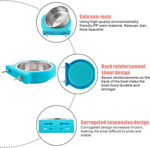 Crate Dog Bowl, Removable Stainless Steel Water Feeder Bowls for Cat, Puppy, Bird Pets (Large, Blue)