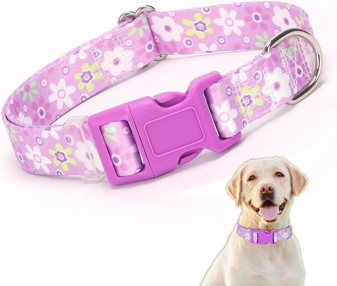 Purple Collar for Dogs, Floral Pattern Design Quick Release Buckle Soft Nylon Adjustable for XS Small Medium Large Dogs