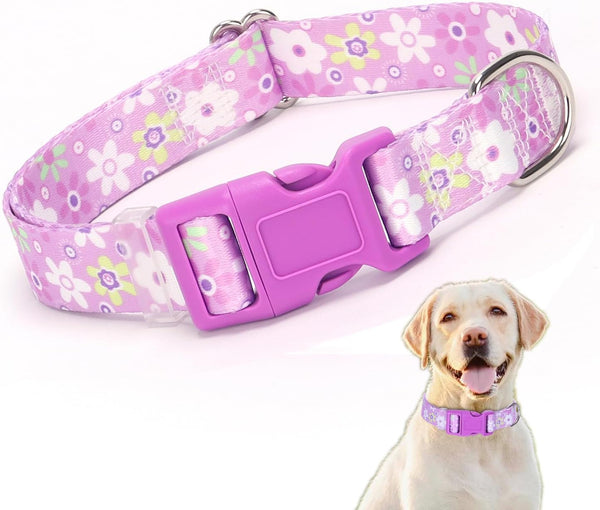 Purple Collar for Dogs, Floral Pattern Design Quick Release Buckle Soft Nylon Adjustable for XS Small Medium Large Dogs