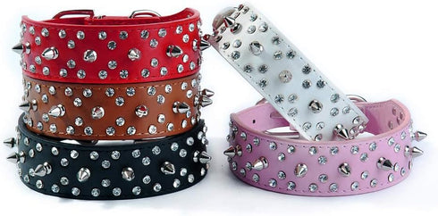 Stylish Rhinestones Dog Collar with Bullet Rivets, Soft and Adjustable Leather for Medium and Large Dogs, Black,
