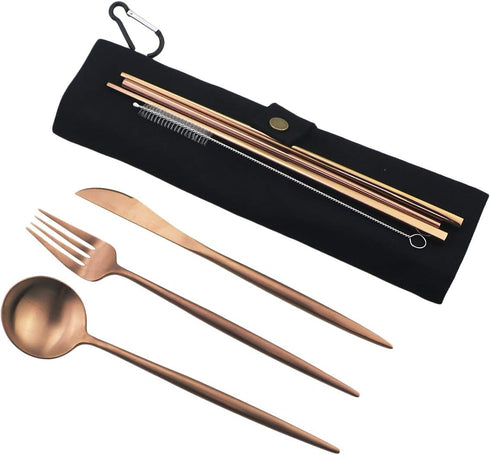 Gugrida 18/10 Sets 7 Set, Set Luxury Rose Gold Matte Portable Stainless Steel Travel Flatware of Portable Camping
