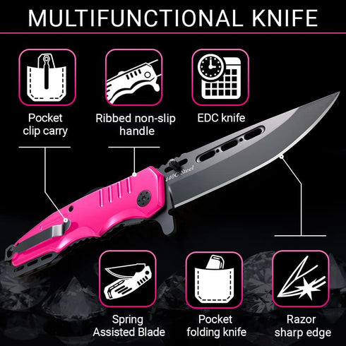 Spring Assisted Pink Pocket Knife for Women - Cute Self Defense Knife - Hot Pink Folding Knife - Mothers Day Gift