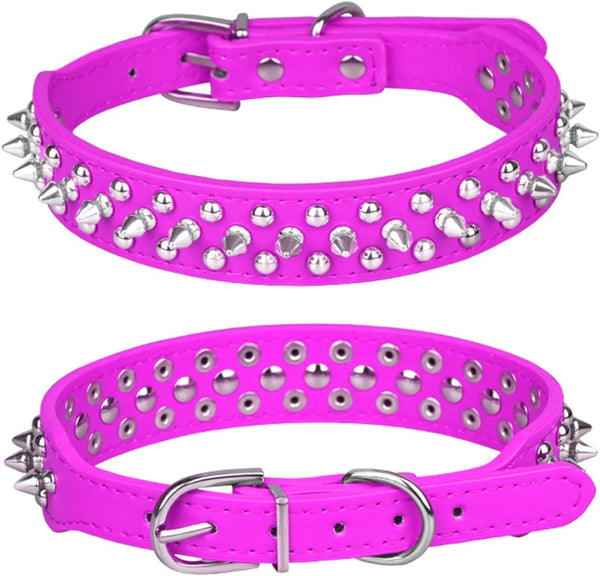 Spiked Soft Pu Leather Dog Collar, Adjustable Mushroom Rivet Studded for Puppies (S, Hot Pink)