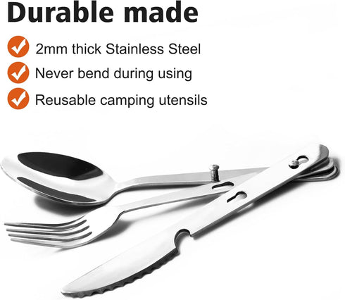 KINLINK 4-in-1 Camping Utensils 3-Pack, Portable Stainless Steel Spoon, Fork, Knife & Bottle Opener Combo Set, Travel/Camping/Hiking/Picnic/Barbecue/Outdoor Backpacking Utensils with Carrying Bag by KINLINK
