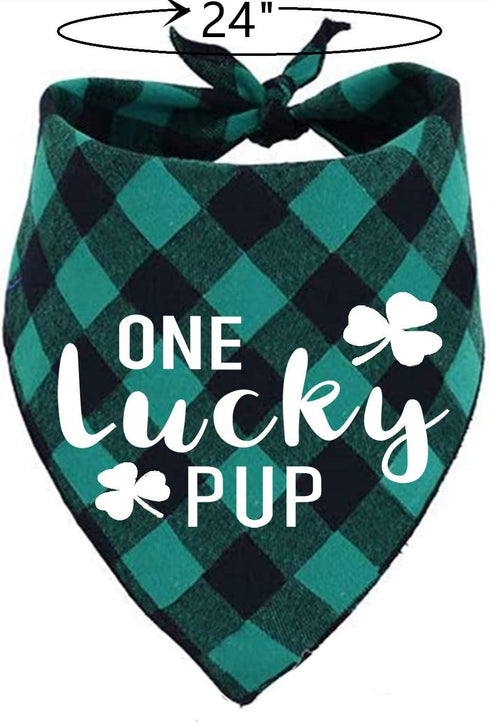 St Patricks Day Dog Costume - Green Shamrock Headband and Buffalo Plaid Pet Bandana