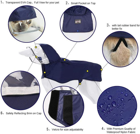 Pet Raincoat Packable Hooded Dog Rain Jacket, Lightweight Adjustable Poncho with Reflective Strips for Small Medium