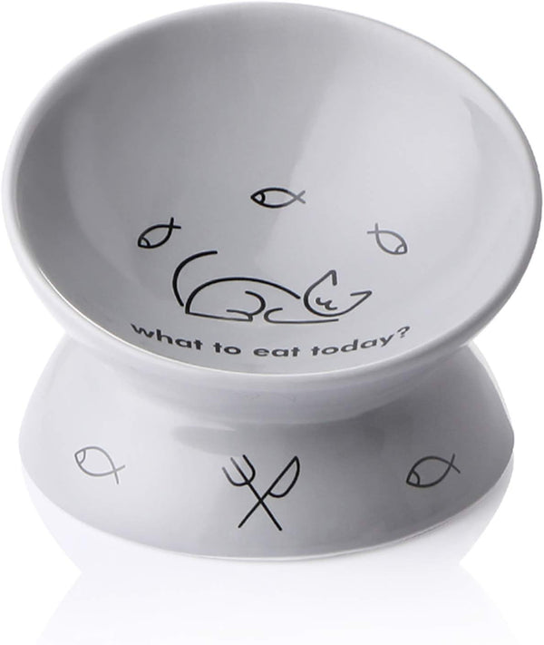 Sweejar Ceramic Raised Cat Bowls - Grey | Slanted Cat Dish for Food or Water, Elevated Porcelain Pet Feeder Bowl