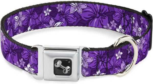 Dog Collar Seatbelt Buckle Hibiscus Collage, Purple Shades, 18 to 32 Inches, 1.5 Inch Wide