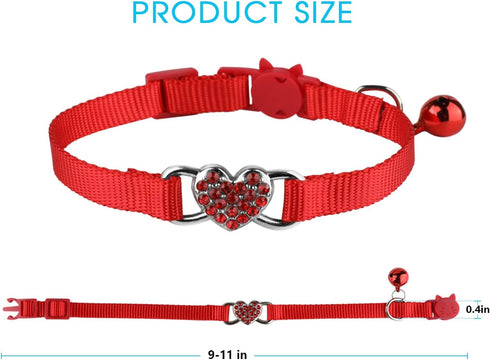 2 Pcs Cat Collars - Heart Bling Breakaway with Bell, Adjustable Nylon for Kitty (Red + Purple)