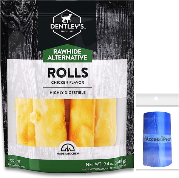 Dog Chews Bundles for Large Dogs, Dentley's 7 Inch Rawhide Free Retriever Rolls Bundle with 1 Dog Waste Roll (Chicken,