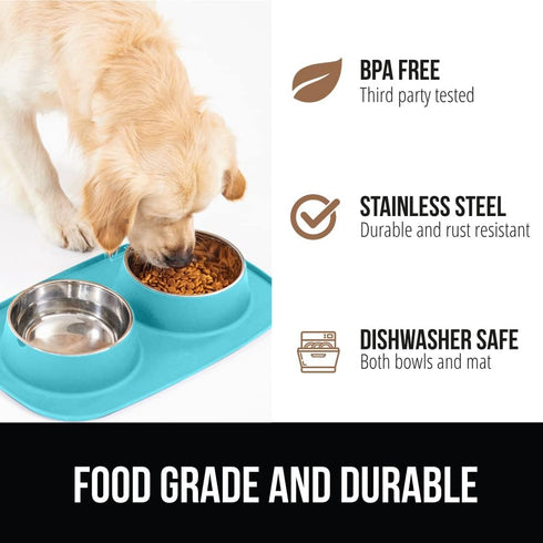 Gorilla Grip 100% Waterproof Cat and Dog Bowls, Silicone Feeding Mat Set, Stainless Steel Bowl, 1 Cup, Turquoise