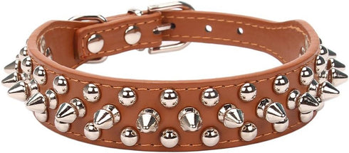 Mushrooms Spiked Rivet Studded Adjustable Pu Leather Pet Collars for Cats Puppy Dogs (X-Small, Brown)