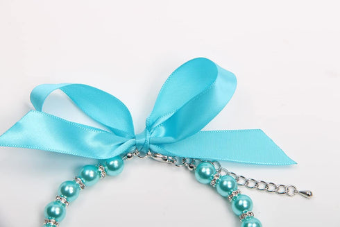 Dog Cat Pearls Necklace Collar with Bling Accessories and Ribbon Bow, Jewelry for Female Dogs Cats Small Medium (S,
