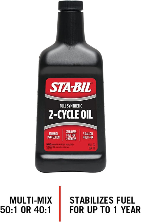 STA-BIL Full Synthetic 2-Cycle Oil - With Fuel Stabilizer For Up To 12 Months Protection - 5 Gallon Multi-Mix - 50:1/40:1 Mix Ratios - Low Smoke Formula, 13 fl. oz. (22404) by STA-BIL