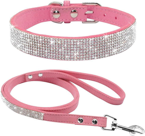 Cute Dazzling Sparkling Soft Suede Leather Bling Rhinestone Pet Collar and Leash Combo Set (XS, Pink)