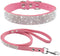 Cute Dazzling Sparkling Soft Suede Leather Bling Rhinestone Pet Collar and Leash Combo Set (XS, Pink)