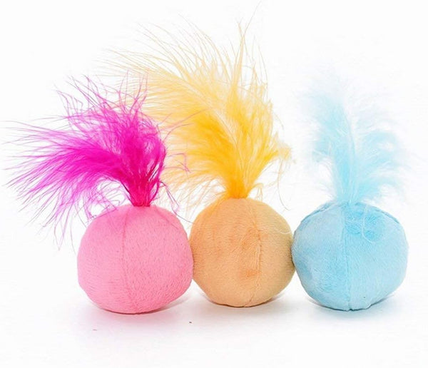 Furry Rattle Ball Cat Toy with Feather and Catnip, Interactive Pom Pom Balls for Cats, 2 Inch, 3 Pack