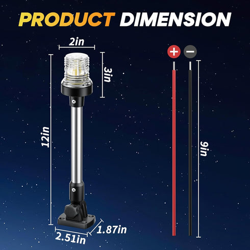 12 Inches IP67, (12-24V) Anchor Light Stern Light, White Navigation Lights for Boats LED Waterproof Fold Down Rear Boat