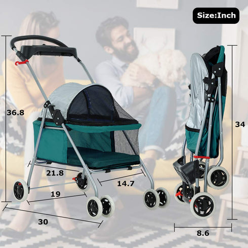 Travel-Friendly Folding Pet Stroller for Cats and Dogs - Teal