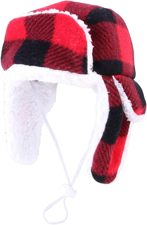 SEIS Christmas Dog Hat with Earmuffs, Adjustable Red Plaid Pet Cap for Small Medium Large Dogs