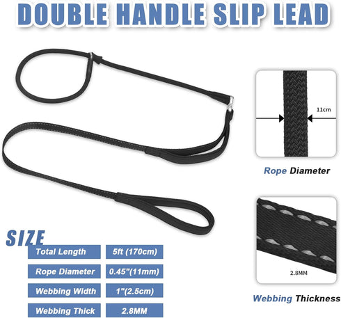 Slip Lead Dog Leash with Double Handle, Reflective Heavy Duty Nylon Slip Leash for Large Medium Small Dogs, 5FT Black