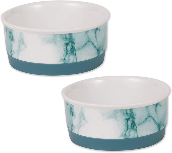 Bone Dry Ceramic Marble Non-Slip Pet Bowls Set for Dogs & Cats, Microwave & Dishwasher Safe, Small Set, Teal, 2 Count