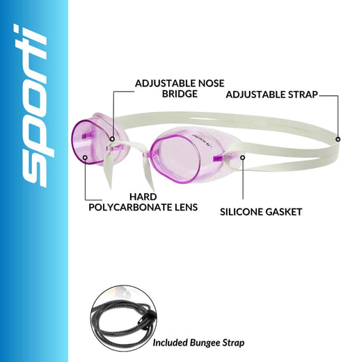 Sporti Unisex Adult Swedish Swimming Goggles, Antifog Swim Goggles for Men & Women, UV Protection, Bungee Strap
