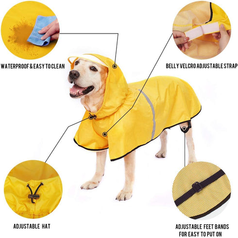 Dog Raincoat with Adjustable Belly Strap and Leash Hole, Waterproof Slicker Lightweight Breathable Rain Poncho Jacket