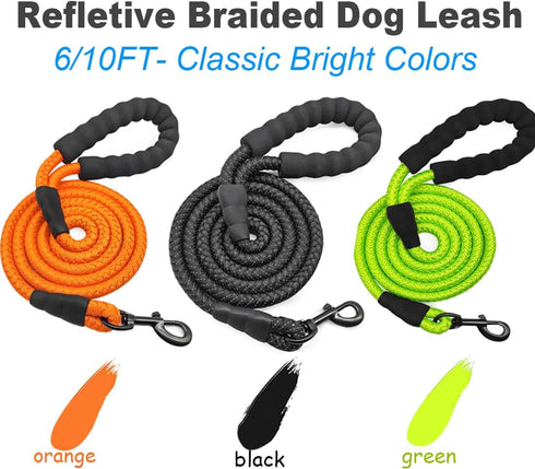 6FT 10FT Strong Dog Leash - Black Rope Leash with Highly Reflective Threads and Soft Padded Handle for Small Medium