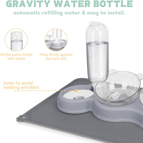 YECERCAN Triple Cat Bowls for Food and Water, 3 in 1 Pet Feeder with Automatic Water Bottle & Waterproof Mat