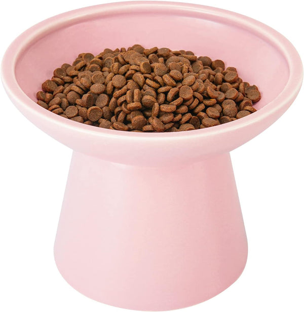 Extra Wide Elevated Cat Bowls, 6.2" Ceramic Cat Food Bowl, Shallow Dish for Whisker Fatigue, Pink