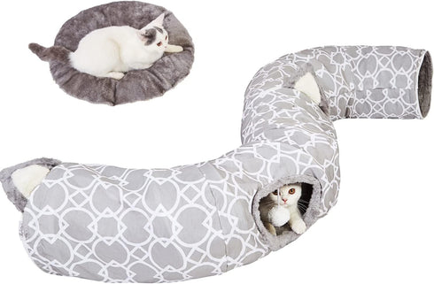LUCKITTY Geometric Cat Tunnel Bed - Collapsible Oxford Tunnel Tube with Plush Inside for Dogs and Cats