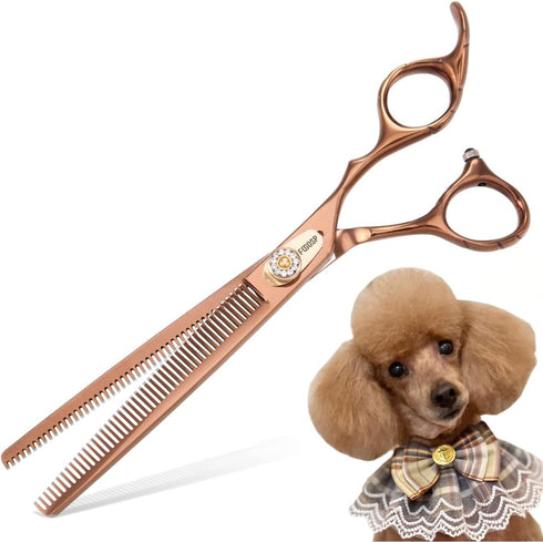 Professional Double Sided Dog Thinning Shears 7'' - 48 Teeth Blender Scissors, 25% Thinning Rate, Japan 440C (Bronze)