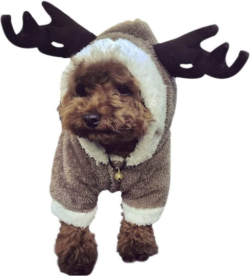 Cute Christmas Pet Costume Elk Reindeer Cosplay - Soft Warm Coral Fleece Pet Hoodie Jacket for Small Medium Dogs