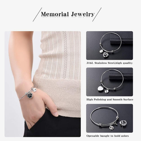 Always in My Heart Expandable Cuff Cremation Bracelet for Ashes - Dog Cat Paw Prints Pet Memorial Urn Jewelry