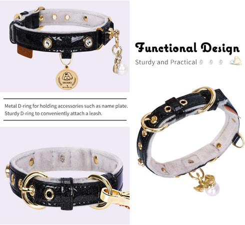 PetsHome Bling Rhinestones Cat Collar, PU Leather Adjustable Pet Collar with Luxury Pendant for Extra Small Dog and