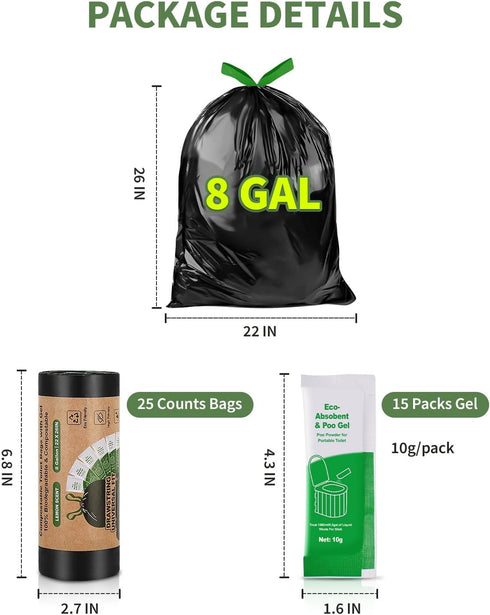 Set, 25 Count 15 Count 8 Camping Toilet Bags Poo Gel Portable Toilet Bags with Camping Toilet Gel, Gallon Composting