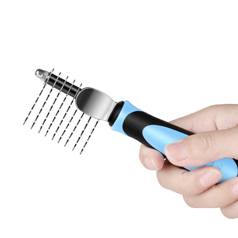 Flexzion Dogs Dematting Comb, Stainless Steel Blades Rakes for Matted Knotted Hair, Grooming Tool - Black & Blue