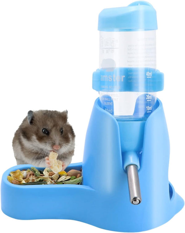 3 in 1 Hamster Hanging Water Bottle, Auto Dispenser with Base for Dwarf Hamster, Mouse, Rat, Hedgehog (80ML, Blue)
