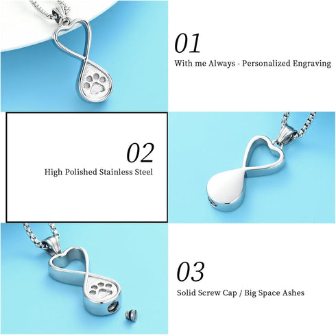Oinsi Infinity Love Pet Cremation Jewelry for Ashes, Dog/Cat Funeral Keepsake Urn Necklace Pendant
