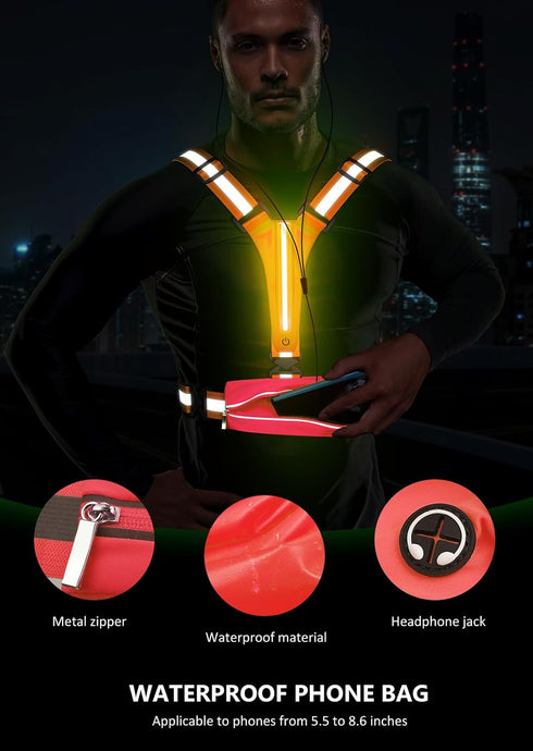 LED Reflective Vest Running Gear, USB Rechargeable Light Up Vest, Chest Phone Holder for Runners, Night Walking,