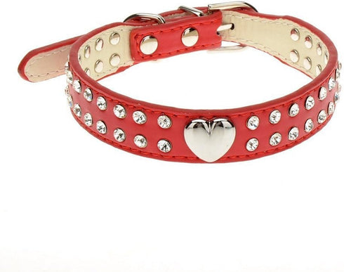 Cute 2 Rows Rhinestone Bling Heart Studded Leather Dog Collar for Small or Medium Dogs, Red, Small