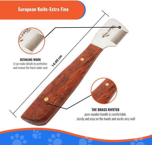 Professional Stripping Knife for Dogs - Pack of 6, Stainless Steel Blades with Wooden Handle Grip