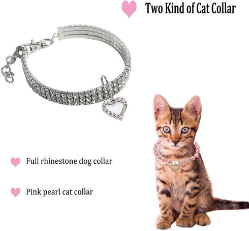 Rhinestones Dog Collar and Pearl Necklace Set, Adjustable Bling Full Diamond Crystal Collar for Small Girls, Cats,