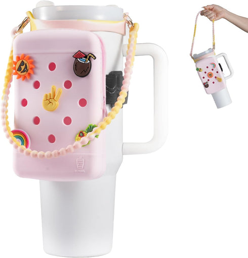 Water Bottle Pouch with Charm and Handle, Silicone Carrier Bag with Strap for Stanley Quencher Adventure