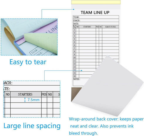 XUEJITECH 4-Part 150 16 Baseball/Softball Lineup Cards, Carbonless Copies with Tearing Line, Games with Player Roster