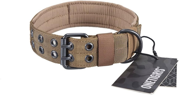 OneTigris Military Adjustable Dog Collar with Metal D Ring & Buckle - 2 Sizes Available (Coyote Brown, L)